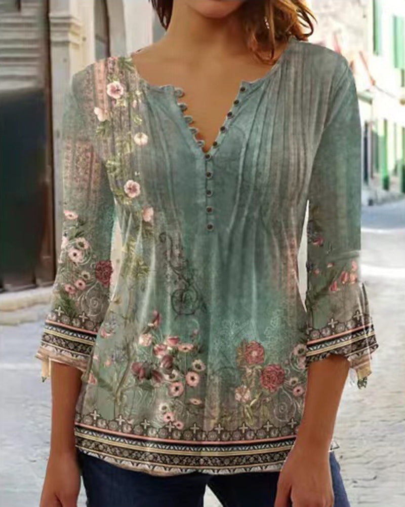 Women's Wear Floral Printed V-neck Sleeve Pleated Blouses