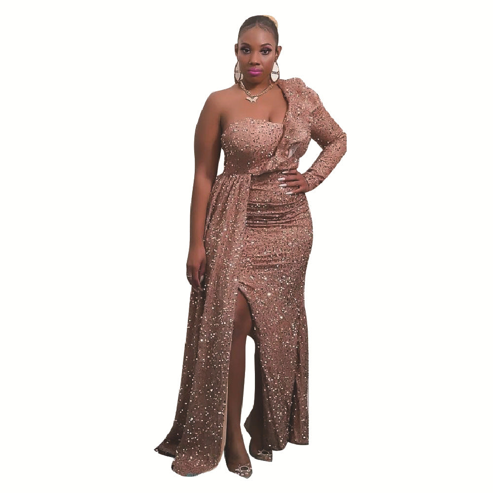 Women's Winter African Dress Fashion One Shoulder Sequin Bridesmaid Dresses