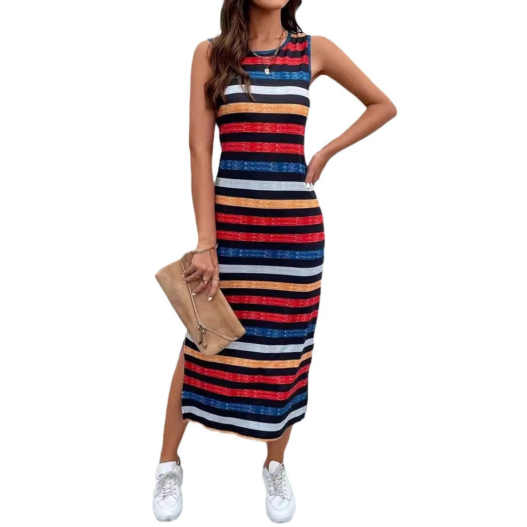 Women's Sleeveless Striped Casual Slit Dress Dresses