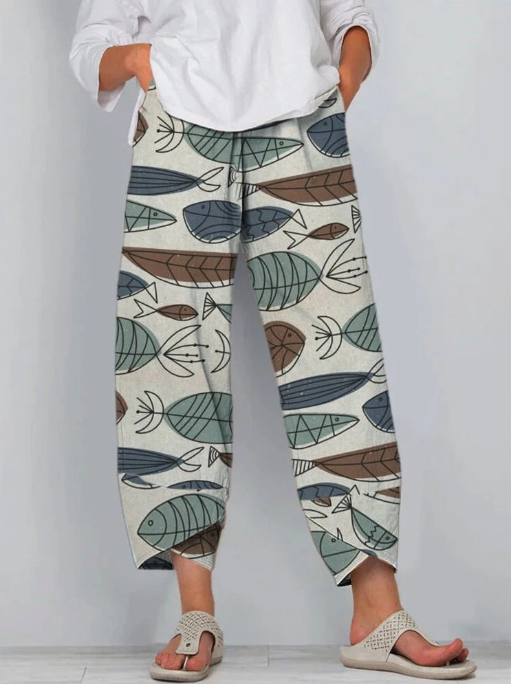 Women's High Waist Gray Printed Stitching Loose Cropped Pants