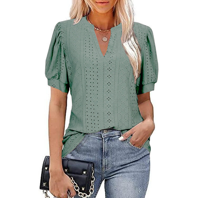 V-neck Solid Color Hollow Puff Sleeve Blouses