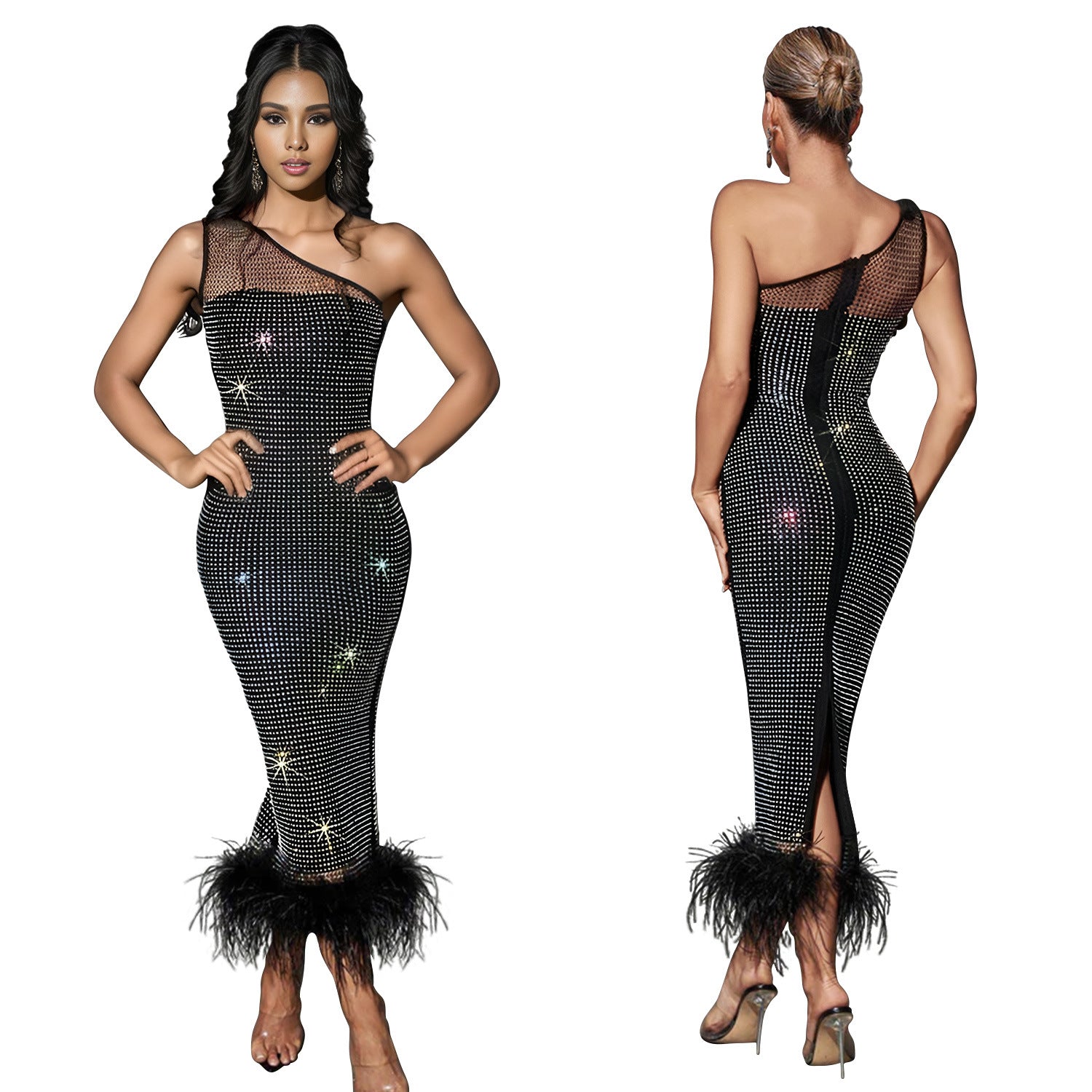 Women's Single Shoulder Mesh Rhinestone Feather Bandage Dresses