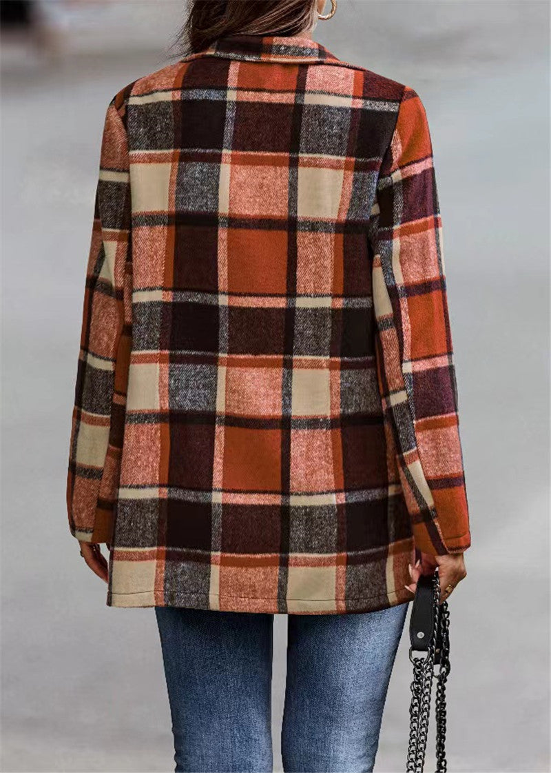 Women's Loose Printed Long Sleeve Pocket Woolen Coats