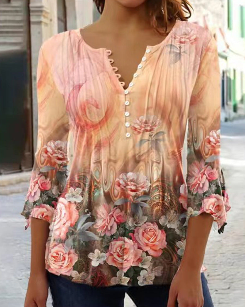 Women's Wear Floral Printed V-neck Sleeve Pleated Blouses