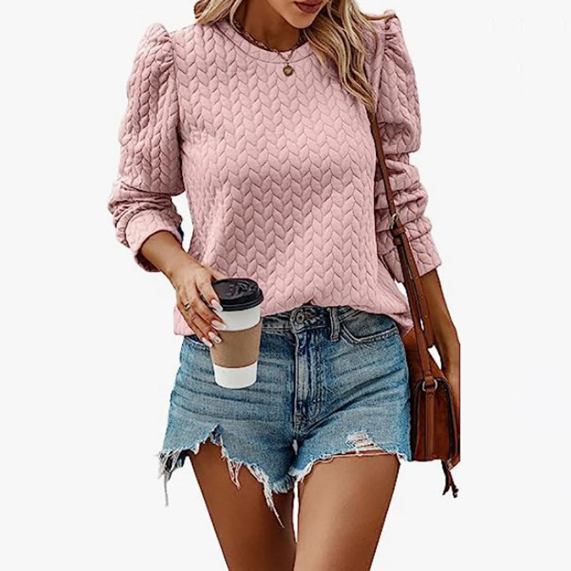 Women's Texture Loose Long Sleeve Round Neck Blouses