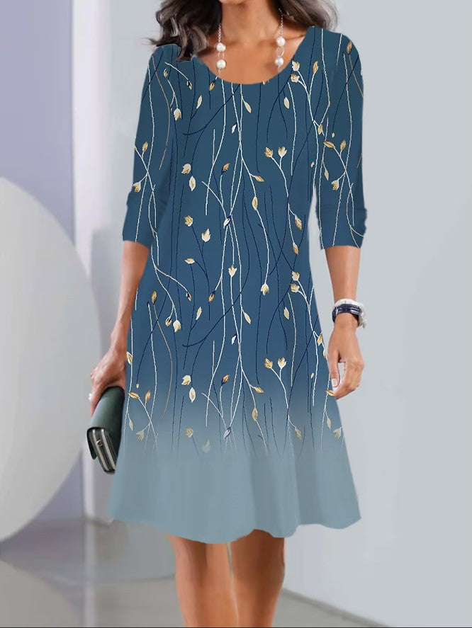 Print Long Sleeve Round Neck Mid-length Dresses