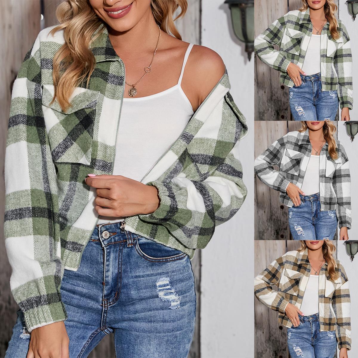 Women's Casual Printed Plaid Pocket Zipper Coats