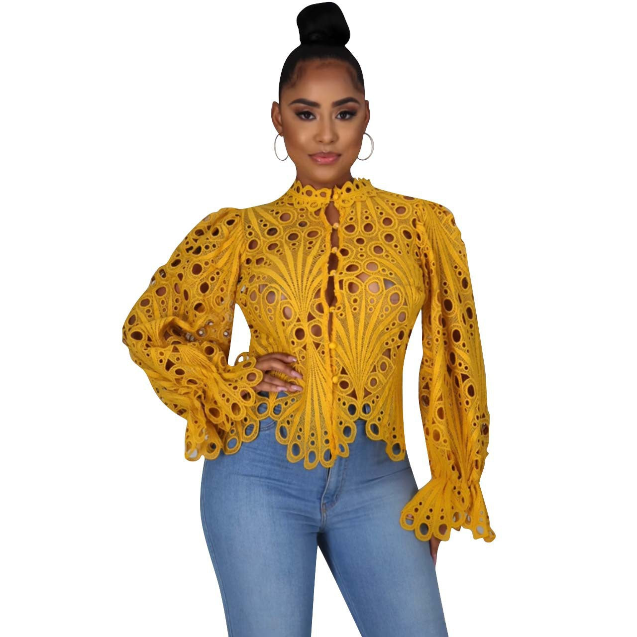 Women's Autumn Ripped Sexy Flare Sleeve Breathable Blouses