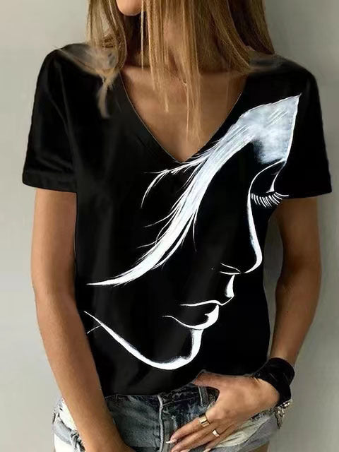 Women's V-neck Head Print Pullover Short-sleeved Blouses