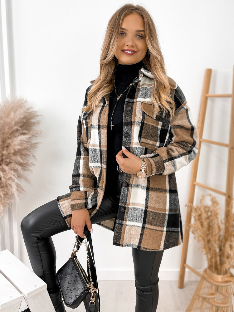 Long Sleeve Single-breasted Plaid Printed Collar Coats