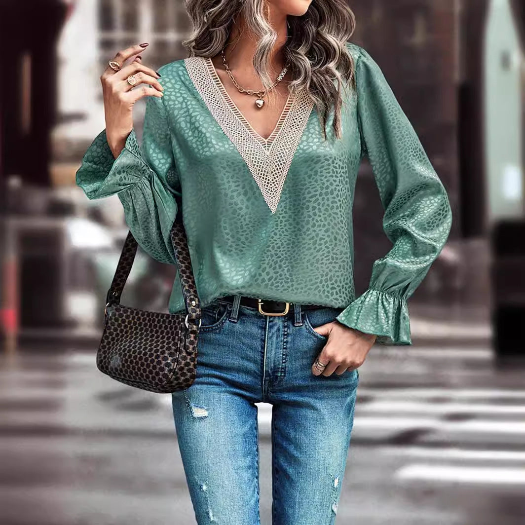 Women's Lace Pullover Shirt Jacquard Long-sleeved Blouses