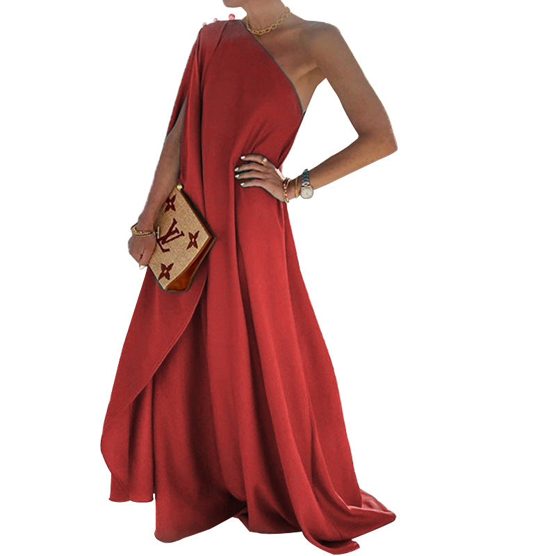 Women's Fashionable Solid Color Loose One-shoulder Long Dresses