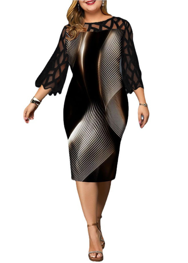 Women's Spring Digital Printed Lace Stitching 3/4 Sleeve Large Dresses