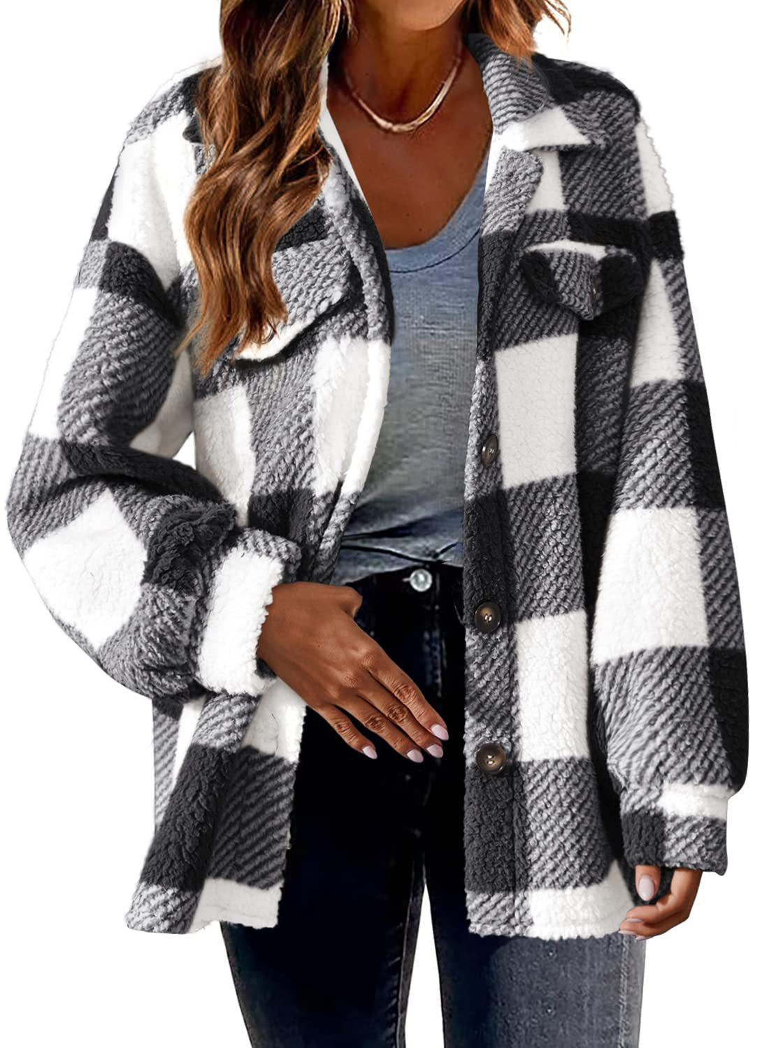 Women's Plaid With Pockets Button Plush Coats