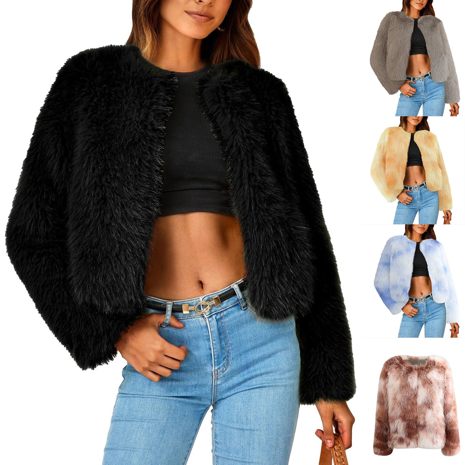 Crew Neck Imitation Fur Overcoat Light Coats