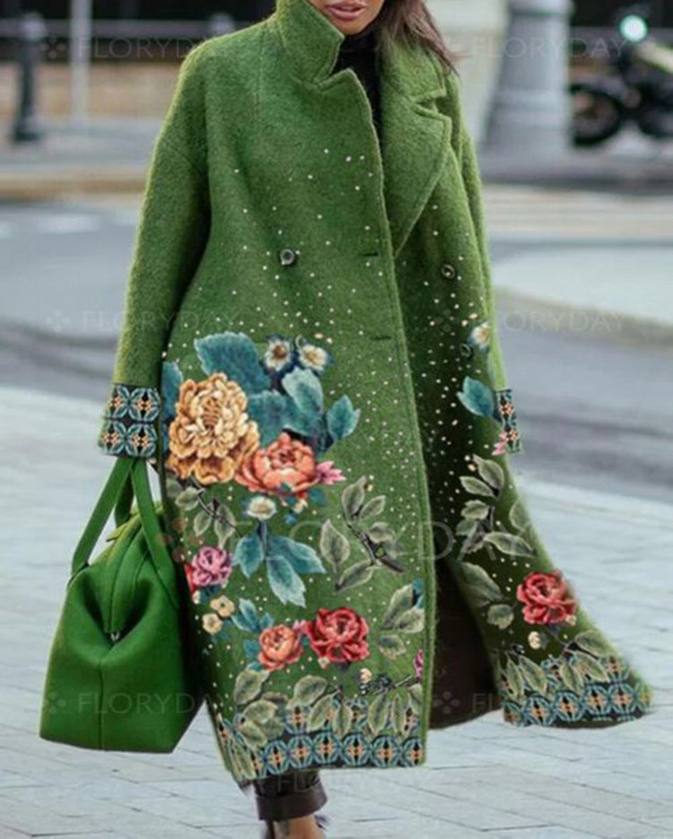 Women's Autumn Long Sleeve Collar Printed Woolen Coats