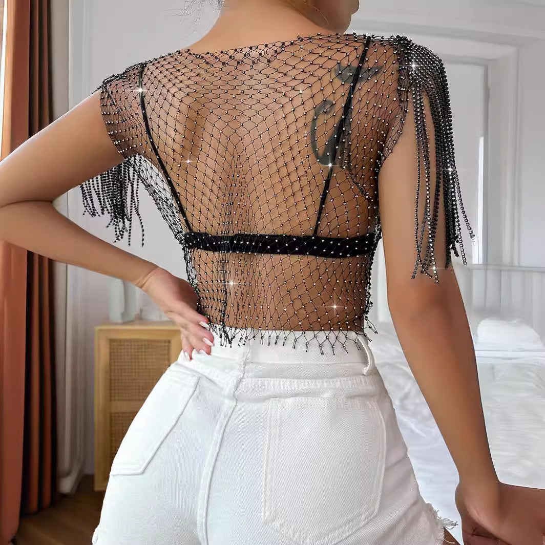 Women's Rhinestone Sexy Fishnet Summer Net Drill Blouses