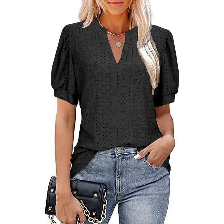 V-neck Solid Color Hollow Puff Sleeve Blouses