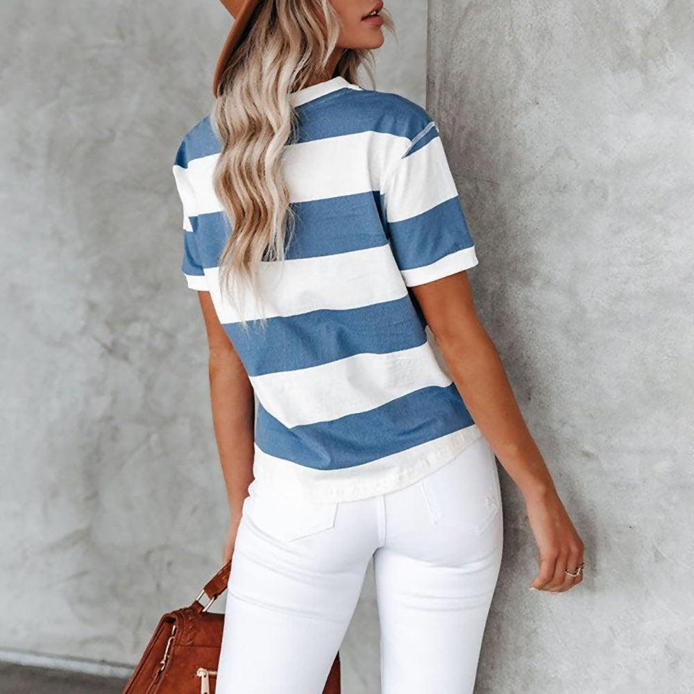 Women's Fashion Blue White Striped Printed Round Blouses