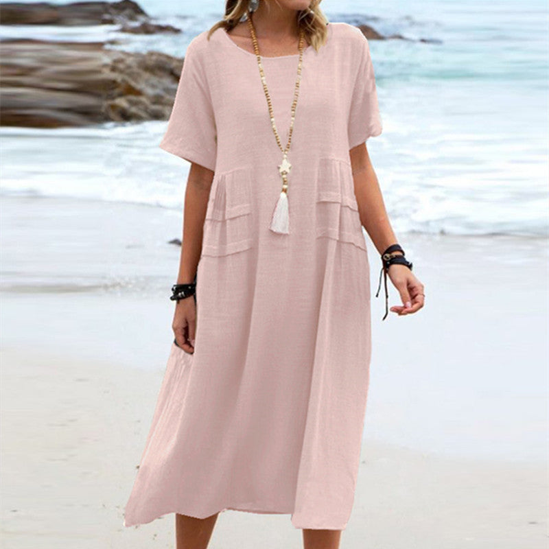 Women's Linen Solid Color Round Neck Sleeves Dresses