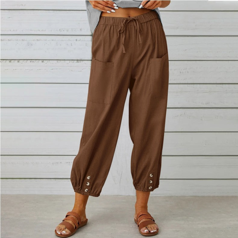 Women's Loose High Waist Button Cotton And Linen Trousers Cropped Pants