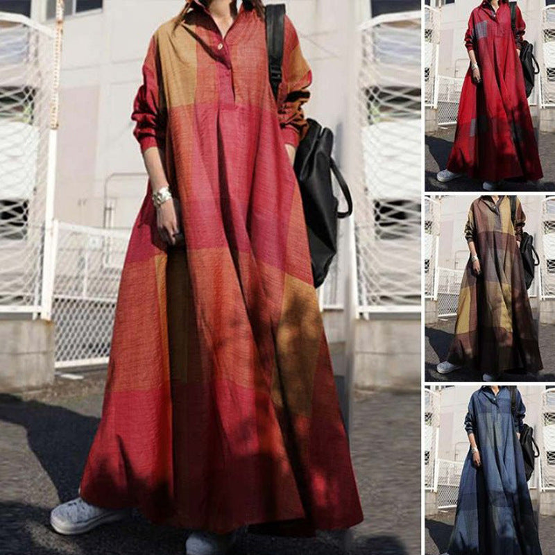 Cotton Linen Retro Printed Loose Long Dresses