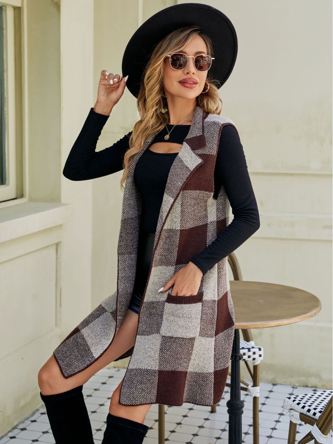 Women's Long Collar Sleeveless Plaid Jacquard Knitted Cardigans