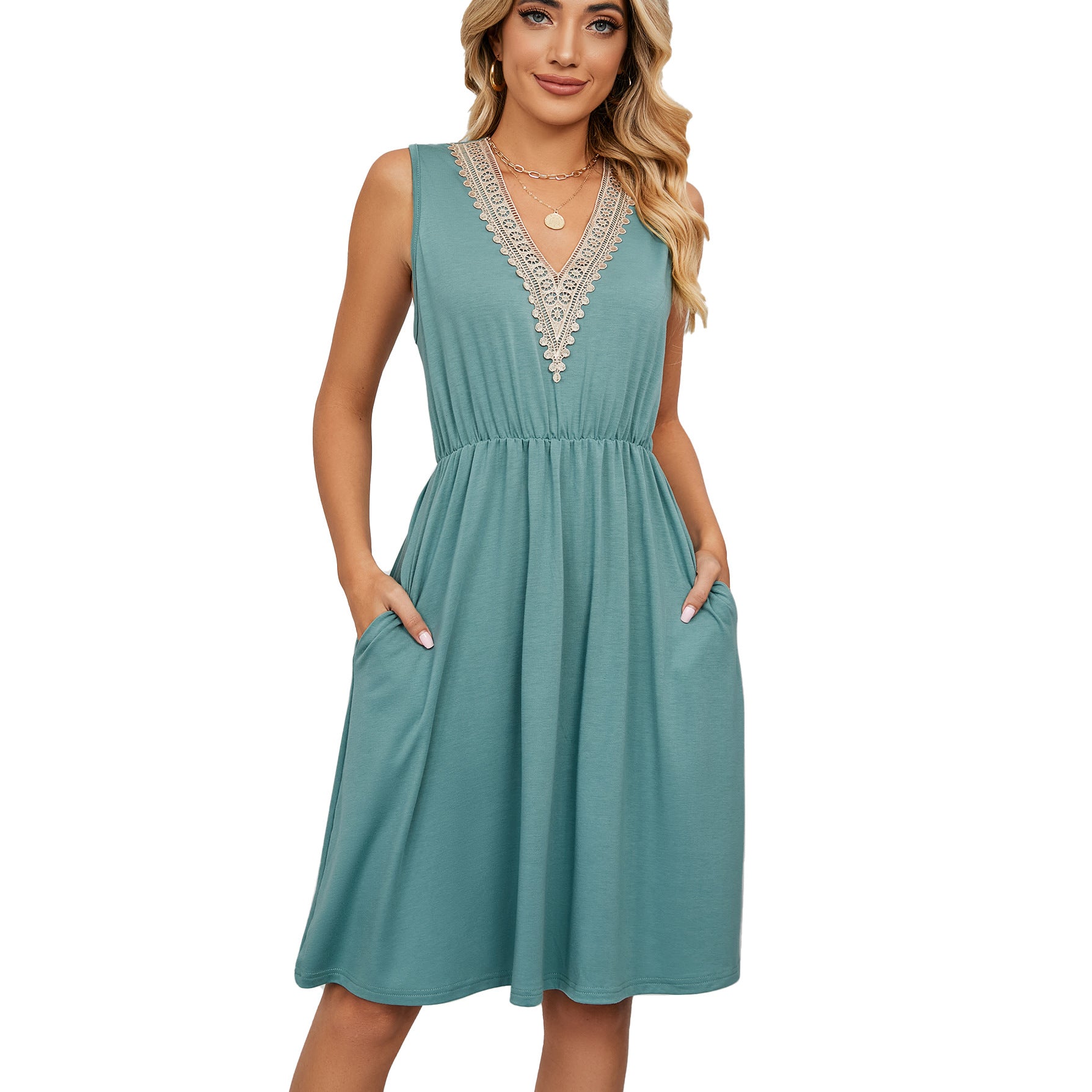 Solid Color V-neck Stitching Sleeveless Pocket Dresses