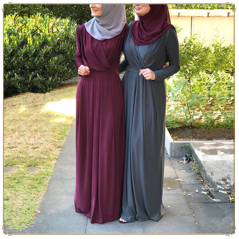 Women's Arabic Long V-neck Pleated Round Neck Dresses