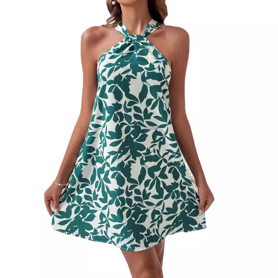 Women's Printed Sleeveless Backless Ruffled Halter Dress Dresses