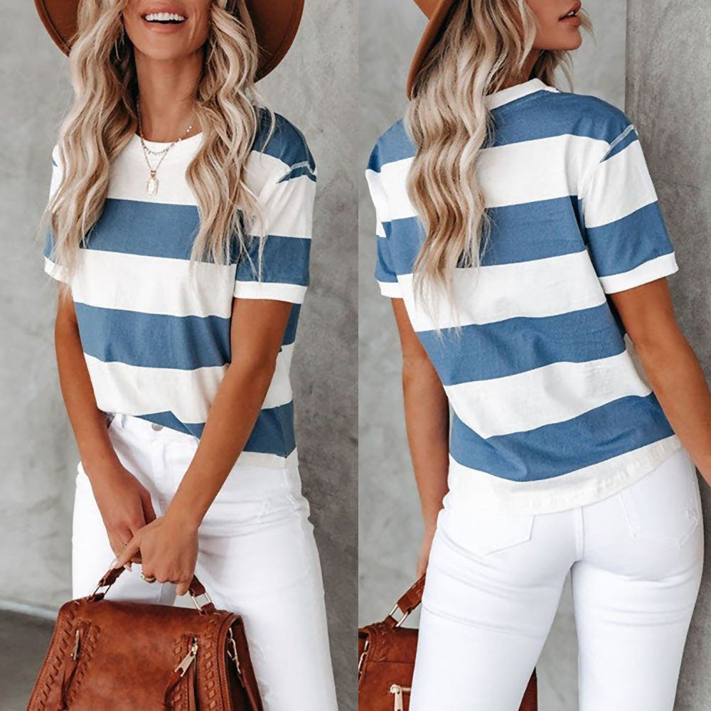 Women's Fashion Blue White Striped Printed Round Blouses