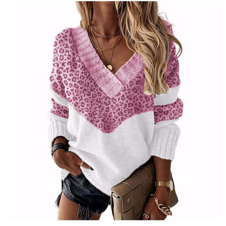 Women's Pullover V-neck Loose Color Matching Contrast Sweaters