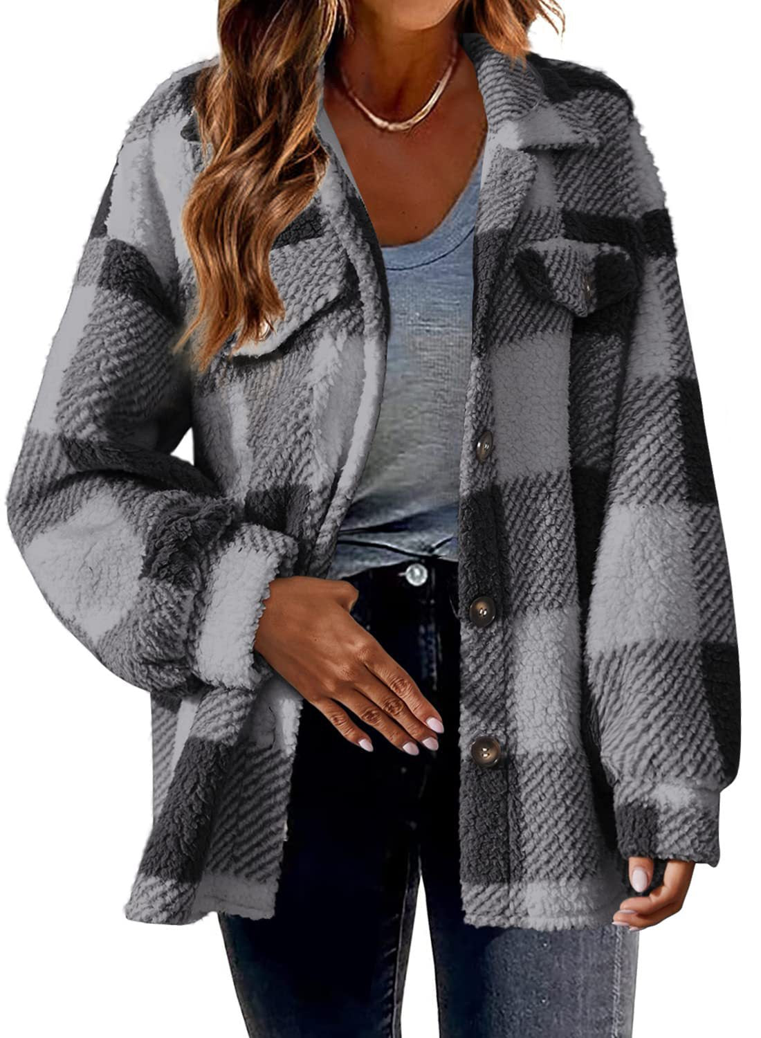 Women's Plaid With Pockets Button Plush Coats