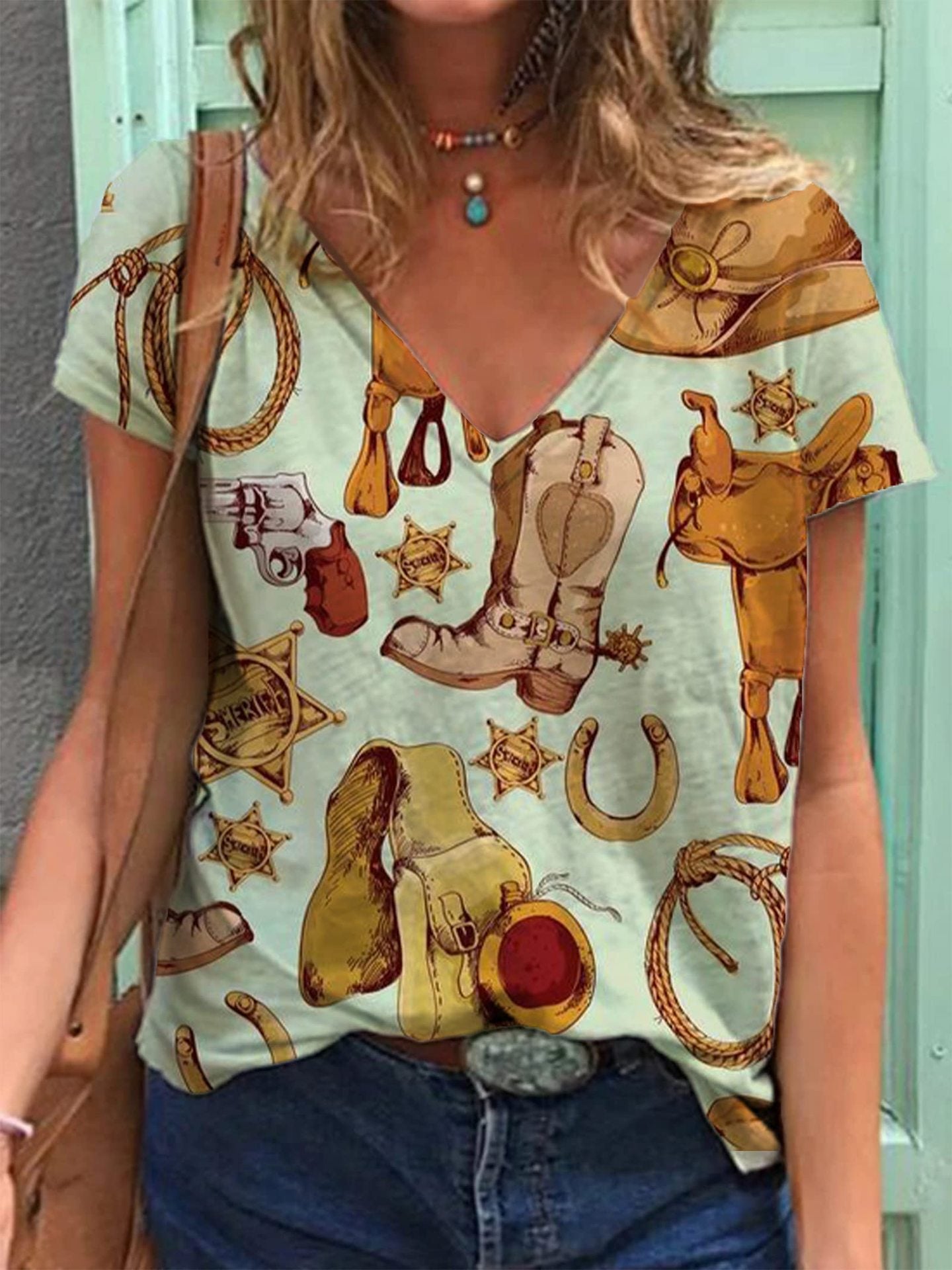 Women's Retro Western Denim Printing Short-sleeved T-shirt Blouses