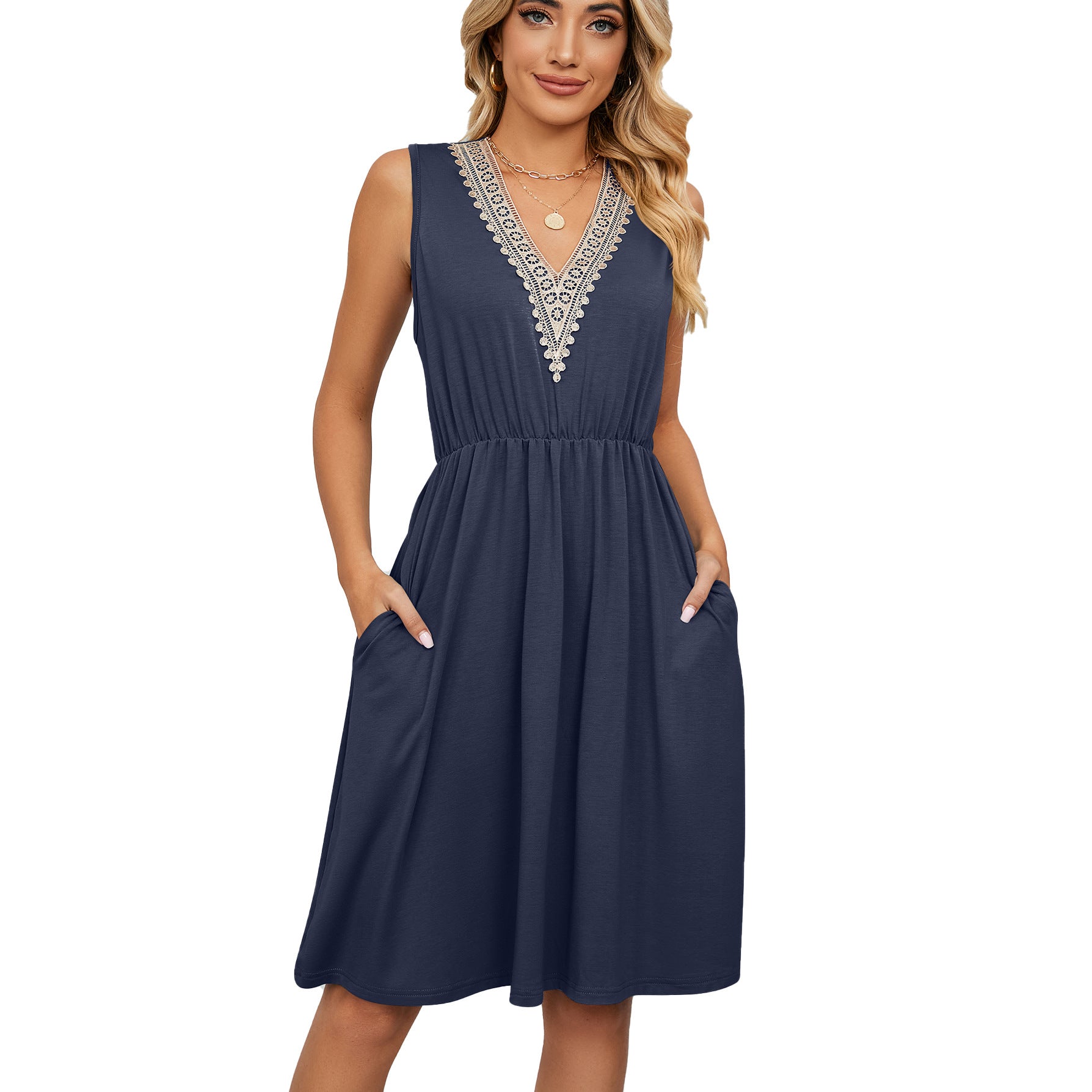 Solid Color V-neck Stitching Sleeveless Pocket Dresses