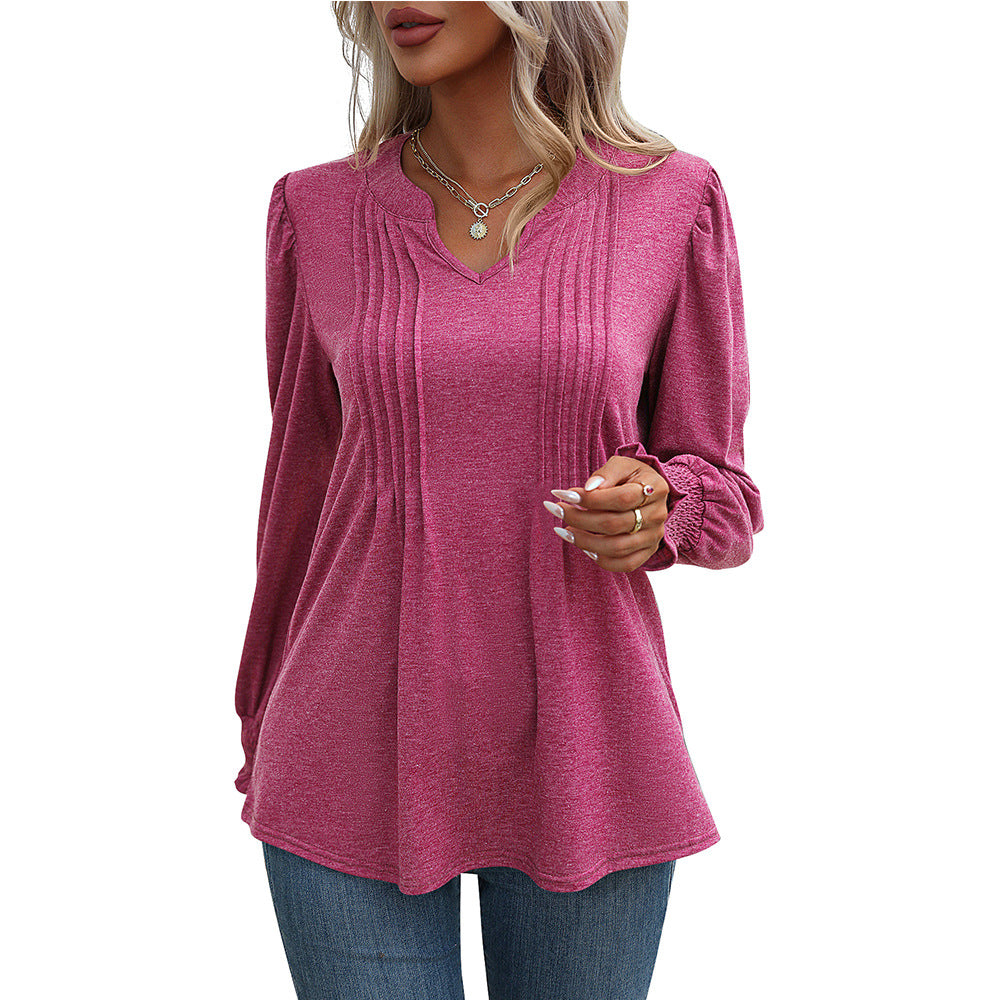 Women's Solid Color Casual Puff Sleeve Smocking Blouses