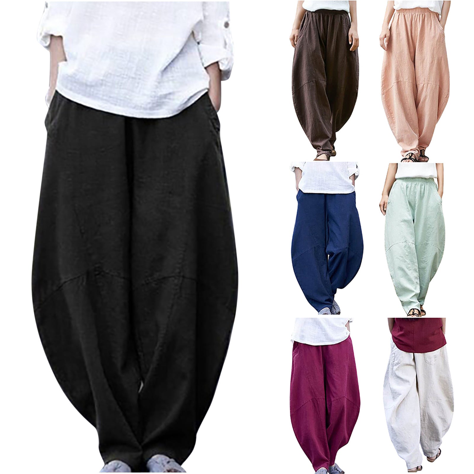 Women's Cotton And Linen Loose Casual Stitching Solid Color Pants