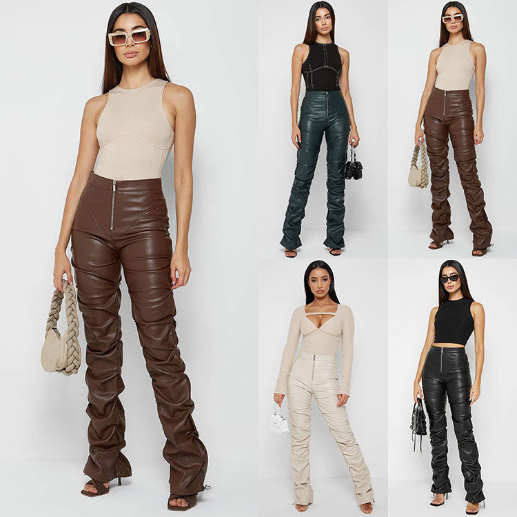 Women's Fashion Tight Long Leather Trousers Personality Pants