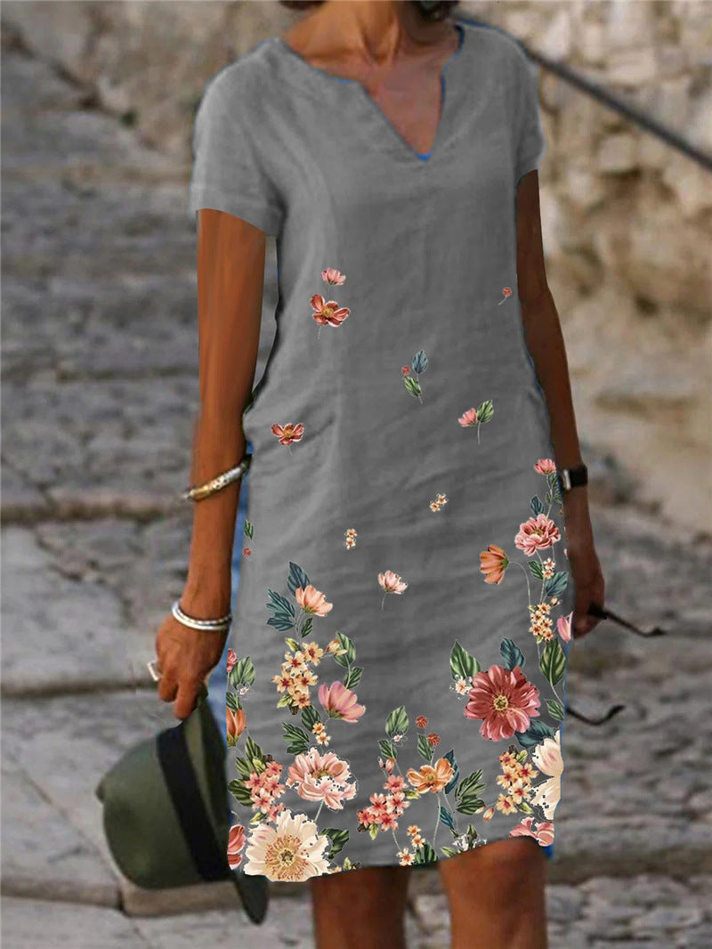 Women's Floral Printed Linen Sleeve Midi V-neck Dresses