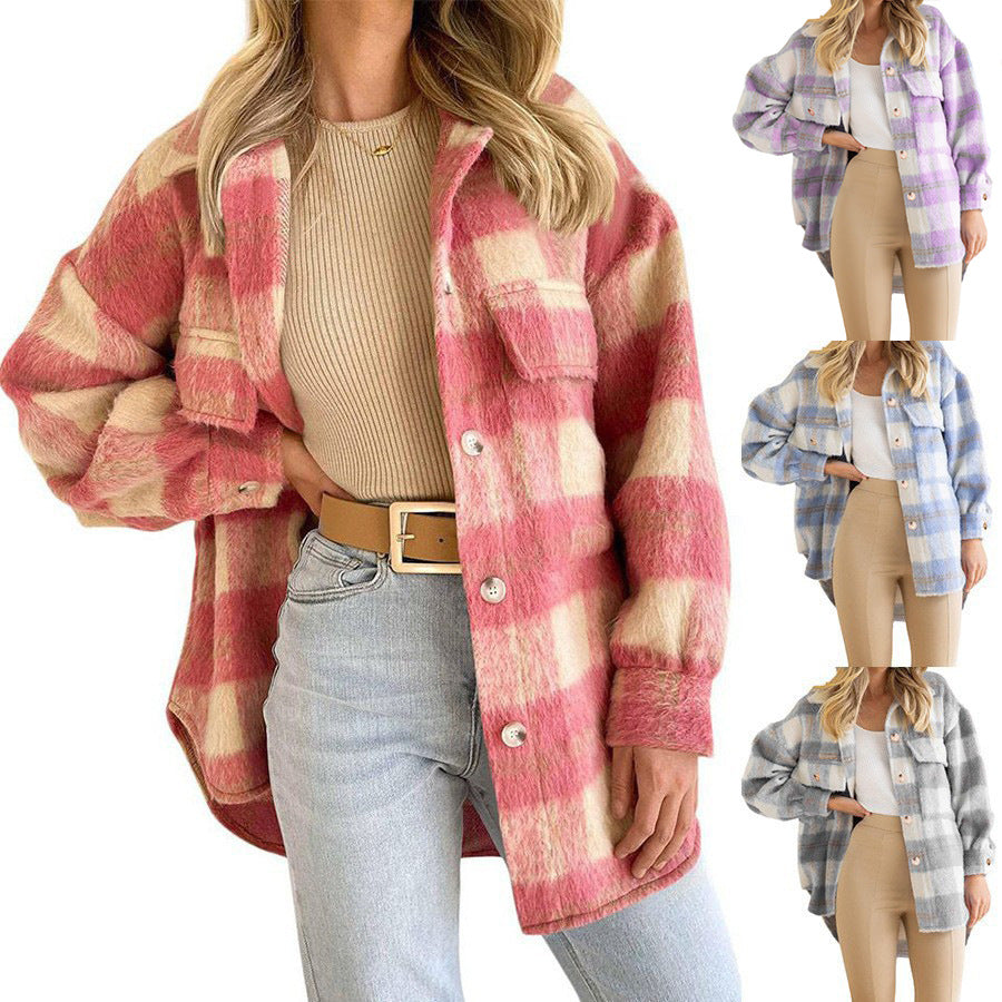 Casual Women's Stylish Plaid Woolen Thick Coats