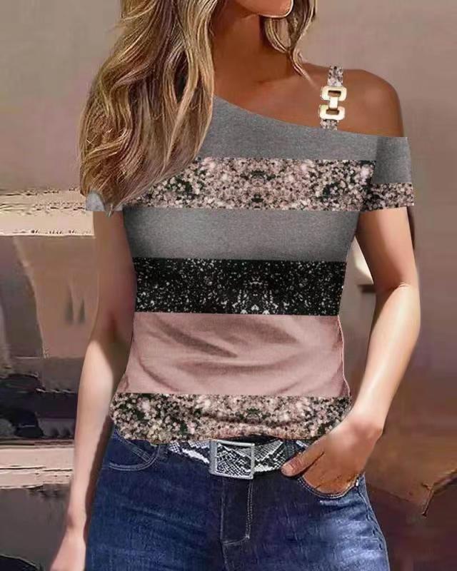 Women's Summer Simple Sleeve Metal Buckle Printed Tops