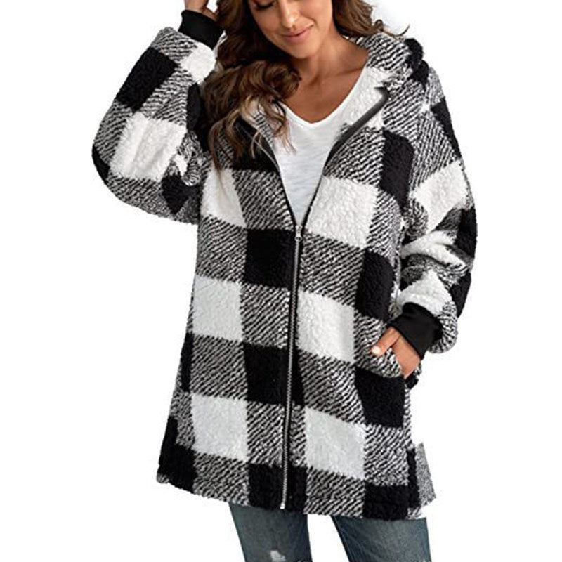 Women's Plush Long-sleeved Plaid Hooded Zipper With Jackets