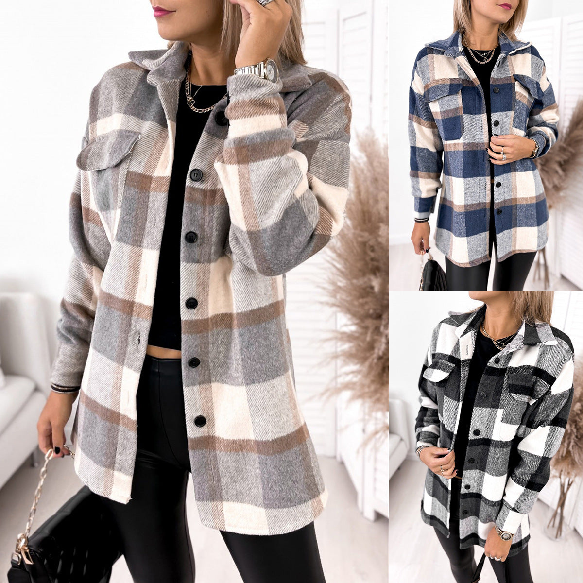 Long Sleeve Single-breasted Plaid Printed Collar Coats