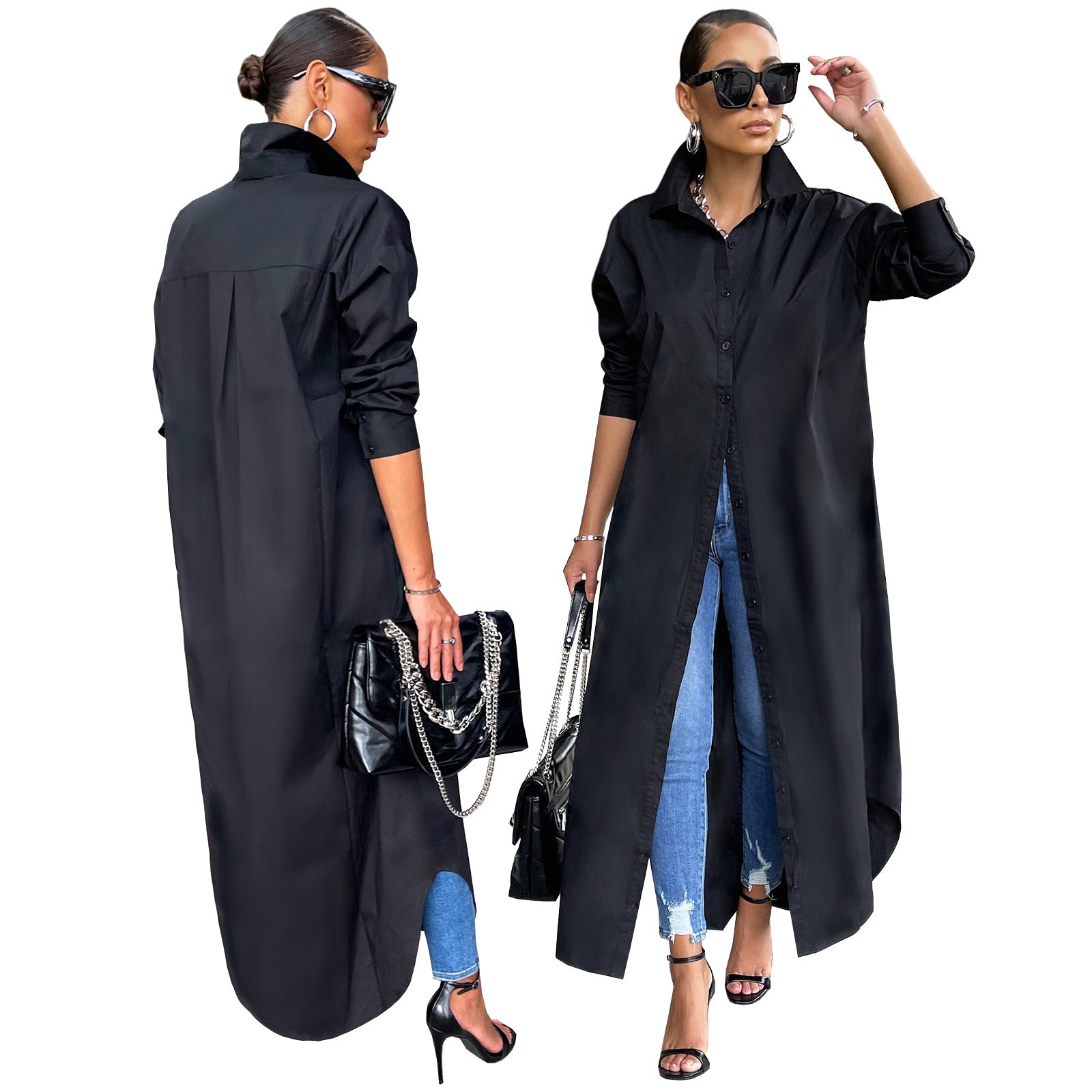 Women's Fashion Casual Solid Color Long Shirt Coats