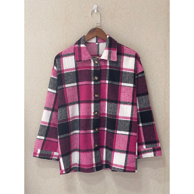 Women's Long Sleeve Loose Plaid Shirt Mid-length Coats