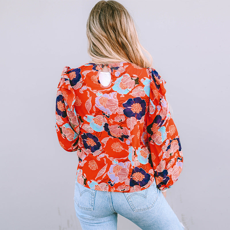 Women's Loose Pullover Spring Floral Print Ruffle Sleeve Tops