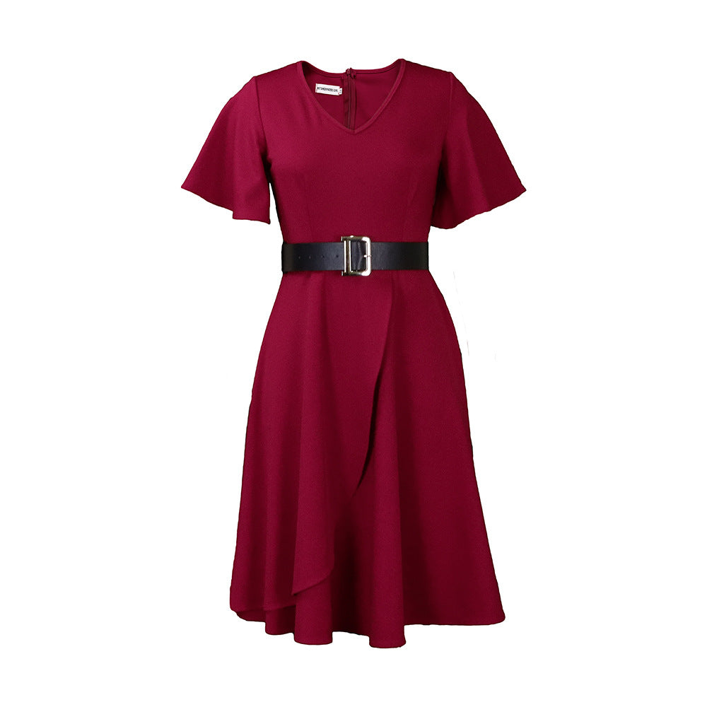 Women's Belt Summer Flared Sleeves Solid Color Dresses