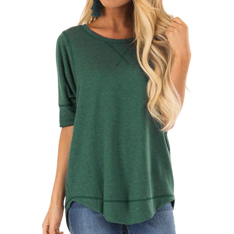 Women's Round Neck Long Sleeve T-shirt Solid Color Loose Back Blouses