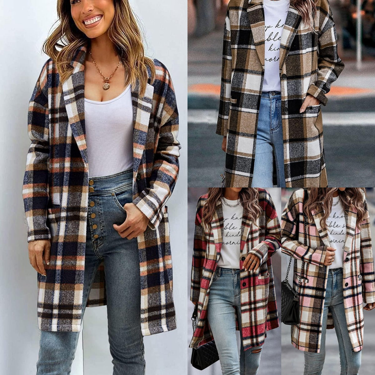 Graceful Women's Lapel Pocket Plaid Wool Coats