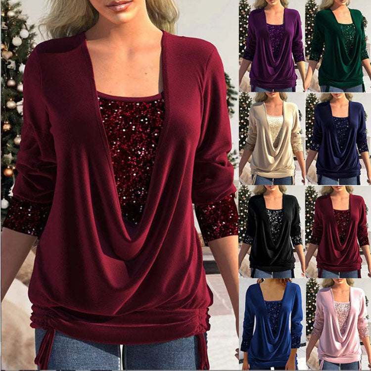 Women's Sequin Contrast Solid Color Long-sleeved Large Drop Collar Blouses